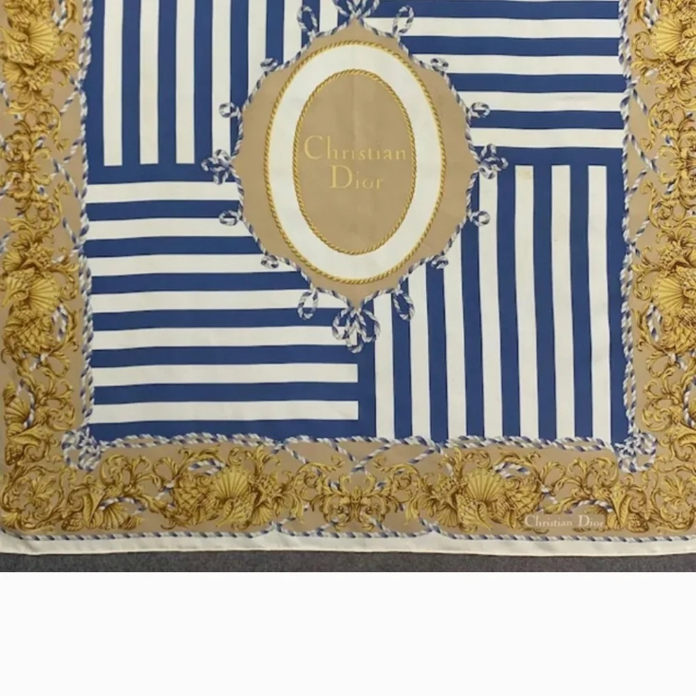 Vintage Christian Dior Beige Blue and Gold Silk Scarf